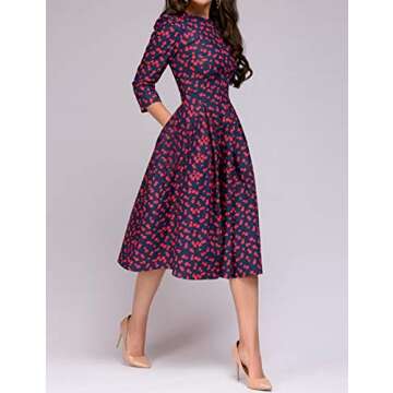Simple Flavor Women's Floral Vintage Dress Elegant Midi Evening Dress 3/4 Sleeves (Red, XXL)