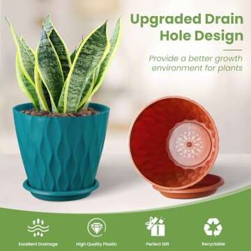 OCTSEVENTH 6 inch Plant Pots, 5 Pack Flower Pots Outdoor Indoor, Planters with Drainage Hole and Tray Saucer.