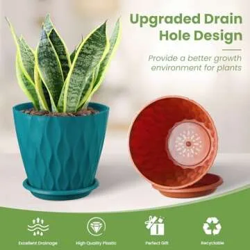 OCTSEVENTH 6 inch Plant Pots, 5 Pack Flower Pots Outdoor Indoor, Planters with Drainage Hole and Tray Saucer.