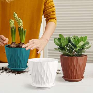OCTSEVENTH 6 inch Plant Pots, 5 Pack Flower Pots Outdoor Indoor, Planters with Drainage Hole and Tray Saucer.