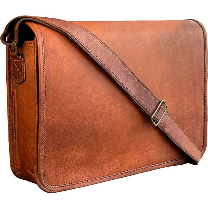 RUSTIC TOWN Leather 14 Inch Crossbody Laptop Messenger Bag