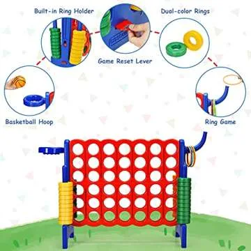 COSTWAY Jumbo 4-to-Score Giant Game Set for Kids & Adults, 2.5Ft Indoor Outdoor Game Set with Basketball Hoop, Ring Game, 42 Jumbo Rings, Quick-Release Slider, Perfect for Holiday Party (Blue)