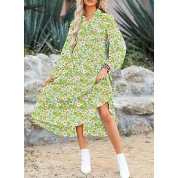 Dokotoo Womens Long Sleeve Dress Casual Floral V Neck Maxi Dress Bohemian Beach Swing Dress Cocktail Party Wedding Dresses Vintage Ruffle A Line Green Sundresses Evening Dress Large
