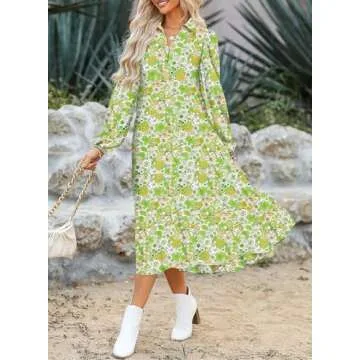 Dokotoo Womens Long Sleeve Dress Casual Floral V Neck Maxi Dress Bohemian Beach Swing Dress Cocktail Party Wedding Dresses Vintage Ruffle A Line Green Sundresses Evening Dress Large