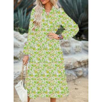 Dokotoo Womens Long Sleeve Dress Casual Floral V Neck Maxi Dress Bohemian Beach Swing Dress Cocktail Party Wedding Dresses Vintage Ruffle A Line Green Sundresses Evening Dress Large
