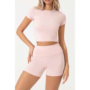QINSEN Lounge Sets for Women 2 Piece Outfits Cropped Crew Neck Tops Fold Over Shorts Casual Loungewear Pink S