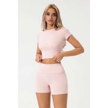 QINSEN Lounge Sets for Women 2 Piece Outfits Cropped Crew Neck Tops Fold Over Shorts Casual Loungewear Pink S