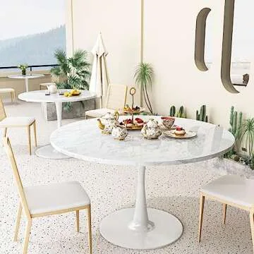 DKLGG White Marble Round Dining Table, 42.1" Tulip Table Kitchen Dining Table 4-6 People with MDF Table Top & Pedestal Base, Mid-Century End Table Leisure Coffee Table Office Living Room Table