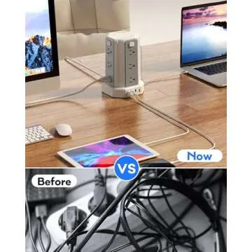 Power Strip Surge Protector, 10 Ft Extension Cord with 12 AC Multiple Outlets 4 USB (1 USB C), SMALLRT Power Tower Desktop Charging Station, Home Dorm Room Office Essentials, Desk Accessories White