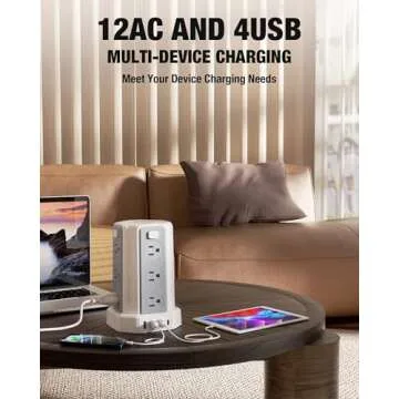 Power Strip Surge Protector, 10 Ft Extension Cord with 12 AC Multiple Outlets 4 USB (1 USB C), SMALLRT Power Tower Desktop Charging Station, Home Dorm Room Office Essentials, Desk Accessories White