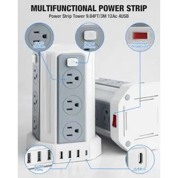 Power Strip Surge Protector, 10 Ft Extension Cord with 12 AC Multiple Outlets 4 USB (1 USB C), SMALLRT Power Tower Desktop Charging Station, Home Dorm Room Office Essentials, Desk Accessories White