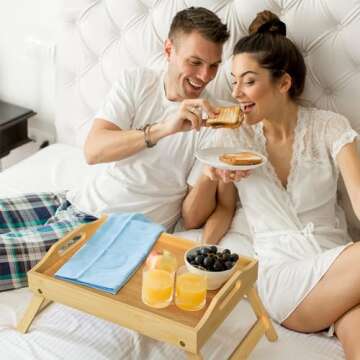 Breakfast Bed Table Tray for Eating, Foldable Food Serving Laptop Tray with Folding Legs, Portable B...