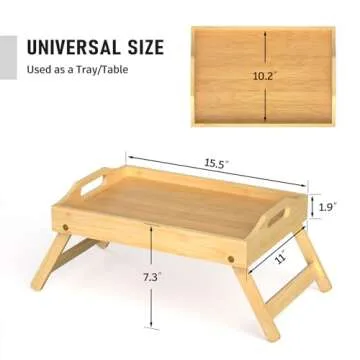 Breakfast Bed Table Tray for Eating, Foldable Food Serving Laptop Tray with Folding Legs, Portable Bamboo Raised Snack Platter, Eating for Bedroom, Picnic, Sofa - Natural