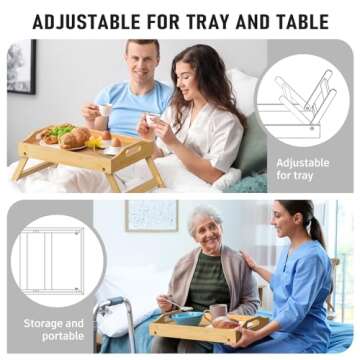 Breakfast Bed Table Tray for Eating, Foldable Food Serving Laptop Tray with Folding Legs, Portable Bamboo Raised Snack Platter, Eating for Bedroom, Picnic, Sofa - Natural