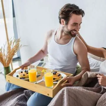 Breakfast Bed Table Tray for Eating, Foldable Food Serving Laptop Tray with Folding Legs, Portable Bamboo Raised Snack Platter, Eating for Bedroom, Picnic, Sofa - Natural