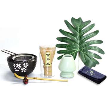 Artcome Japanese Matcha Tea Set, Matcha Whisk, Traditional Scoop, Matcha Bowl, Ceramic Whisk Holder, Handmade Matcha Ceremony Kit For Traditional Japanese Tea Ceremony (7 Pcs)