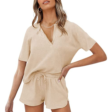 Lingswallow Waffle Lounge Set Women Short Sleeve Shorts