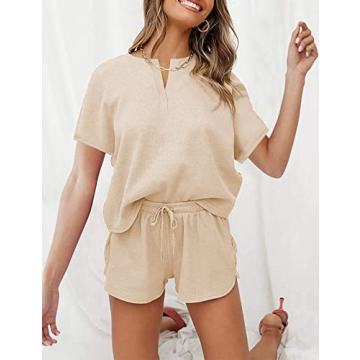 Lingswallow Waffle Lounge Set Women Short Sleeve Shorts