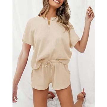 Lingswallow Waffle Lounge Set Women Short Sleeve Shorts