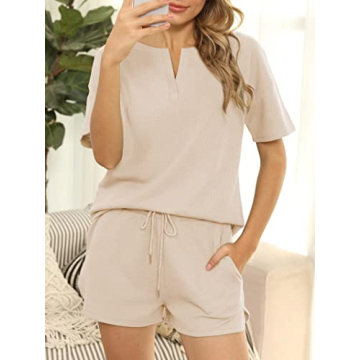Lingswallow Waffle Lounge Set Women Short Sleeve Shorts