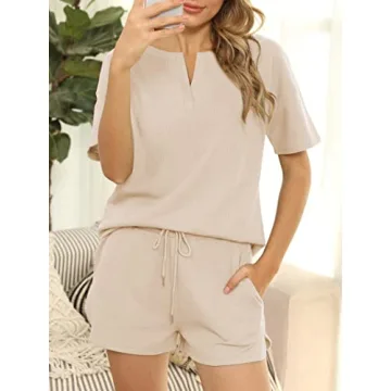 Lingswallow Waffle Lounge Set Women Short Sleeve Shorts