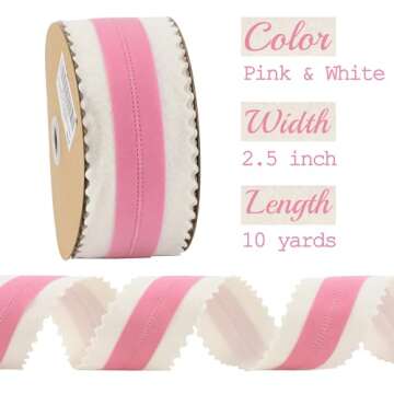 MEEDEE Christmas Felt Ribbon 2.5 Inch Wired Felt Ribbon 10 Yards White Felt with Pink Velvet Middle ...