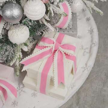 MEEDEE Christmas Felt Ribbon 2.5 Inch Wired Felt Ribbon 10 Yards White Felt with Pink Velvet Middle Rickrack Cutout Christmas Ribbon for Christmas Tree Decoration, Topper Bow, Ribbon Garland