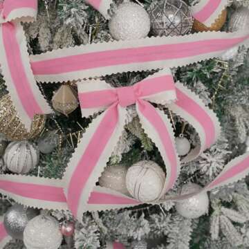 MEEDEE Christmas Felt Ribbon 2.5 Inch Wired Felt Ribbon 10 Yards White Felt with Pink Velvet Middle Rickrack Cutout Christmas Ribbon for Christmas Tree Decoration, Topper Bow, Ribbon Garland
