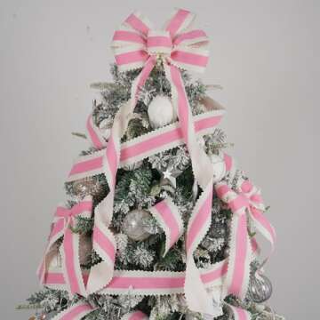 MEEDEE Christmas Felt Ribbon 2.5 Inch Wired Felt Ribbon 10 Yards White Felt with Pink Velvet Middle Rickrack Cutout Christmas Ribbon for Christmas Tree Decoration, Topper Bow, Ribbon Garland