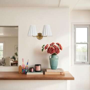 Antique Brass Wall Sconce, Double Living Room Wall Sconce with Fluted Linen Shade, Bedroom Wall Sconce, Indoor Light Fixture