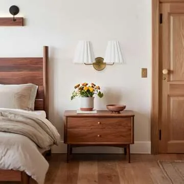 Antique Brass Wall Sconce, Double Living Room Wall Sconce with Fluted Linen Shade, Bedroom Wall Sconce, Indoor Light Fixture