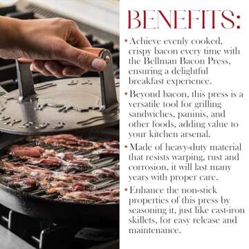 Bellemain Bacon Press 8.5-Inch Round | Heavy-Duty Cast Iron Grill Press for Perfectly Seared Bacon, Steak & Sandwiches | Equalized Weight Distribution