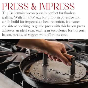 Bellemain Bacon Press 8.5-Inch Round | Heavy-Duty Cast Iron Grill Press for Perfectly Seared Bacon, Steak & Sandwiches | Equalized Weight Distribution