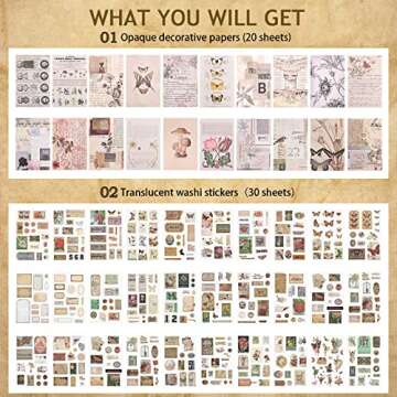 Dizdkizd Vintage Scrapbook Supplies - Ephemera Pack of 30 Washi Stickers and 20 Decorative Paper for Art Journaling Planners Collage Projects Decoupage Cardmaking (Vintage Vibe)
