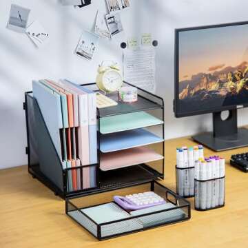 NCXTKJ Desk Organizer with File Holders, 5-Tier Letter Tray Paper Organizer with Drawer and Pen Hold...