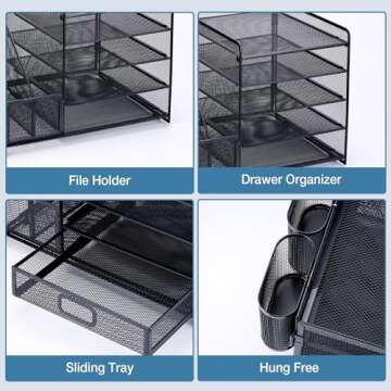 NCXTKJ Desk Organizer with File Holders, 5-Tier Letter Tray Paper Organizer with Drawer and Pen Holder, Mesh Desktop File Organizer and Storage for Office School Supplies (Black), MC0031