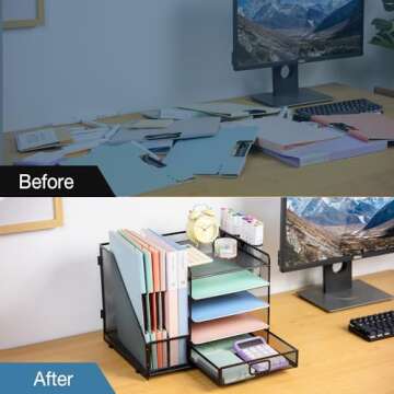 NCXTKJ Desk Organizer with File Holders, 5-Tier Letter Tray Paper Organizer with Drawer and Pen Holder, Mesh Desktop File Organizer and Storage for Office School Supplies (Black), MC0031