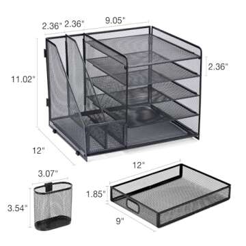 NCXTKJ Desk Organizer with File Holders, 5-Tier Letter Tray Paper Organizer with Drawer and Pen Holder, Mesh Desktop File Organizer and Storage for Office School Supplies (Black), MC0031