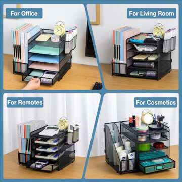 NCXTKJ Desk Organizer with File Holders, 5-Tier Letter Tray Paper Organizer with Drawer and Pen Holder, Mesh Desktop File Organizer and Storage for Office School Supplies (Black), MC0031