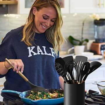 LATCHHOOK Black Kitchen Utensil Holder for Countertop, Matte Ceramic Cooking Utensils Holder for Kit...