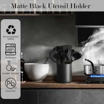 LATCHHOOK Black Kitchen Utensil Holder for Countertop, Matte Ceramic Cooking Utensils Holder for Kitchen Counter Easy to Clean, High 7” Modern Spatula Holder Crock for Kitchen 7×5.5 Inch