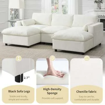 Merax 86.5" Sectional Sofa with Storage Pockets & Removable Ottomans, Cream 5 Seat U Shaped Sleeper Cloud Couch Set, Convertible L-Shaped Upholstered SofaBed for Living Room and Apartment, White