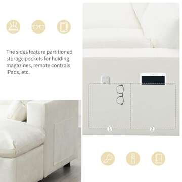 Merax 86.5" Sectional Sofa with Storage Pockets & Removable Ottomans, Cream 5 Seat U Shaped Sleeper Cloud Couch Set, Convertible L-Shaped Upholstered SofaBed for Living Room and Apartment, White