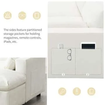 Merax 86.5" Sectional Sofa with Storage Pockets & Removable Ottomans, Cream 5 Seat U Shaped Sleeper Cloud Couch Set, Convertible L-Shaped Upholstered SofaBed for Living Room and Apartment, White