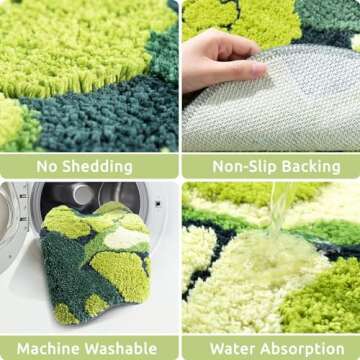 RORA Green Moss Bathroom Rugs Cute Leaf Bath Mat for Bathroom Non Slip Soft Microfiber Water Absorbent Aesthetic Green Bathroom Decor Boho Plush Rug for Shower, 32×20 Inch