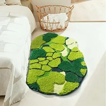 RORA Green Moss Bathroom Rugs Cute Leaf Bath Mat for Bathroom Non Slip Soft Microfiber Water Absorbent Aesthetic Green Bathroom Decor Boho Plush Rug for Shower, 32×20 Inch