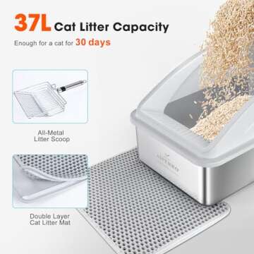 AIPERRO Stainless Steel Litter Box | XL Enclosed Cat Litter Box with Lid for Big Cats | High Sided, Anti-Urine Leakage | Non-Stick Bottom & Includes Litter Mat & Metal Scoop