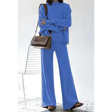 Fixmatti Womens Two Piece Outfits Long Sleeve Sweater Wide Leg Pants Knit Sweatsuit Loungewear Sweatsuit Set Blue L