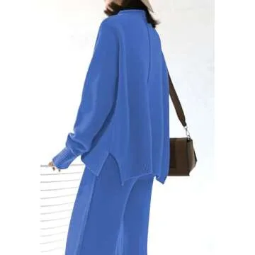 Fixmatti Womens Two Piece Outfits Long Sleeve Sweater Wide Leg Pants Knit Sweatsuit Loungewear Sweatsuit Set Blue L