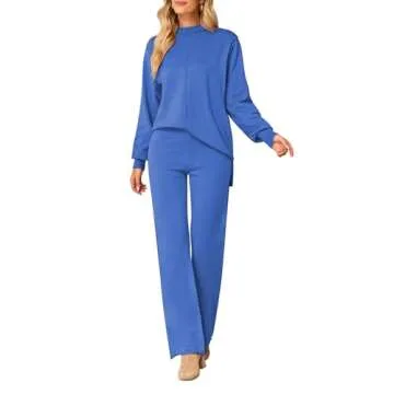 Fixmatti Womens Two Piece Outfits Long Sleeve Sweater Wide Leg Pants Knit Sweatsuit Loungewear Sweatsuit Set Blue L
